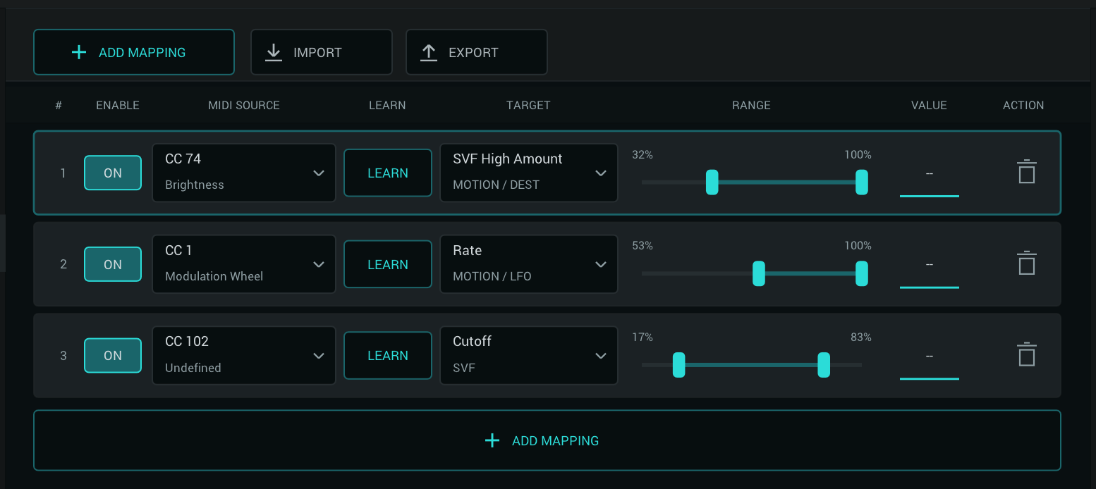 LH RESISTOR MIDI mapping page