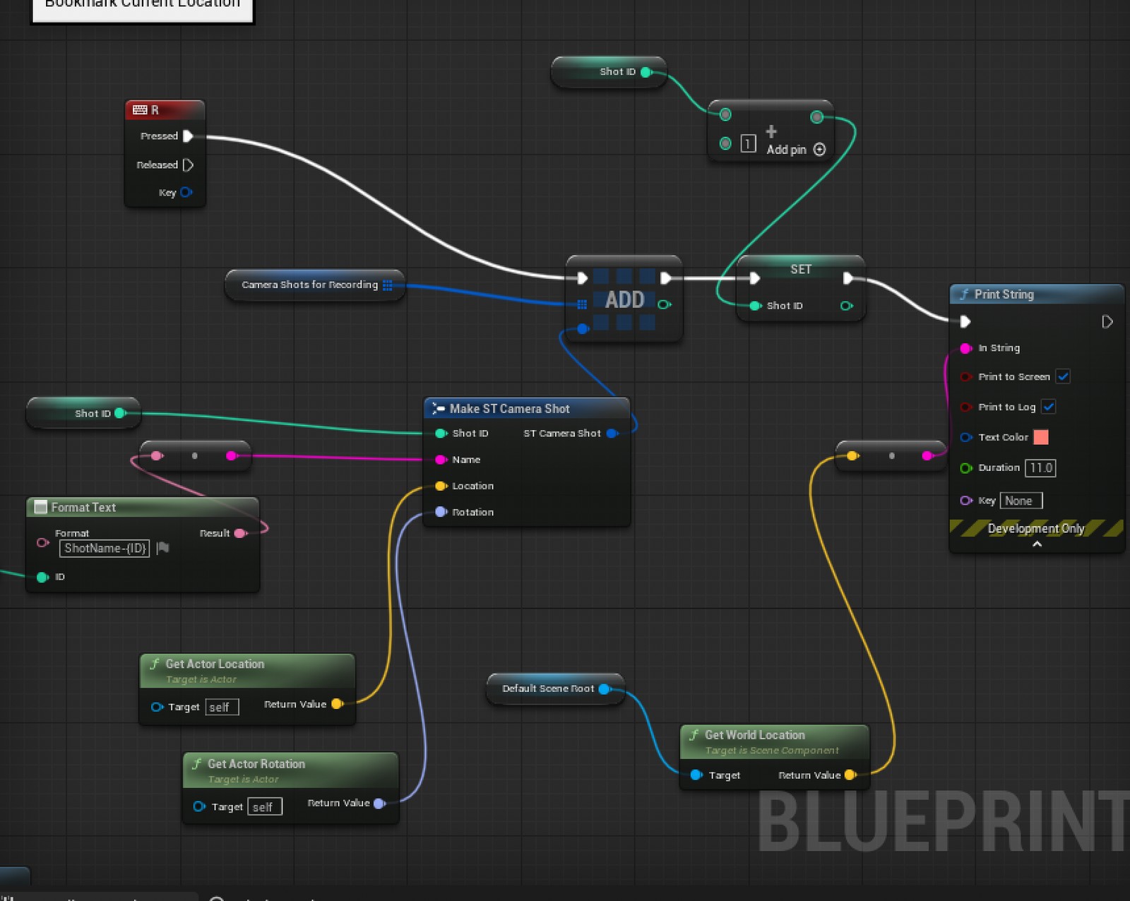 Unreal Engine camera and shot-recording Blueprint