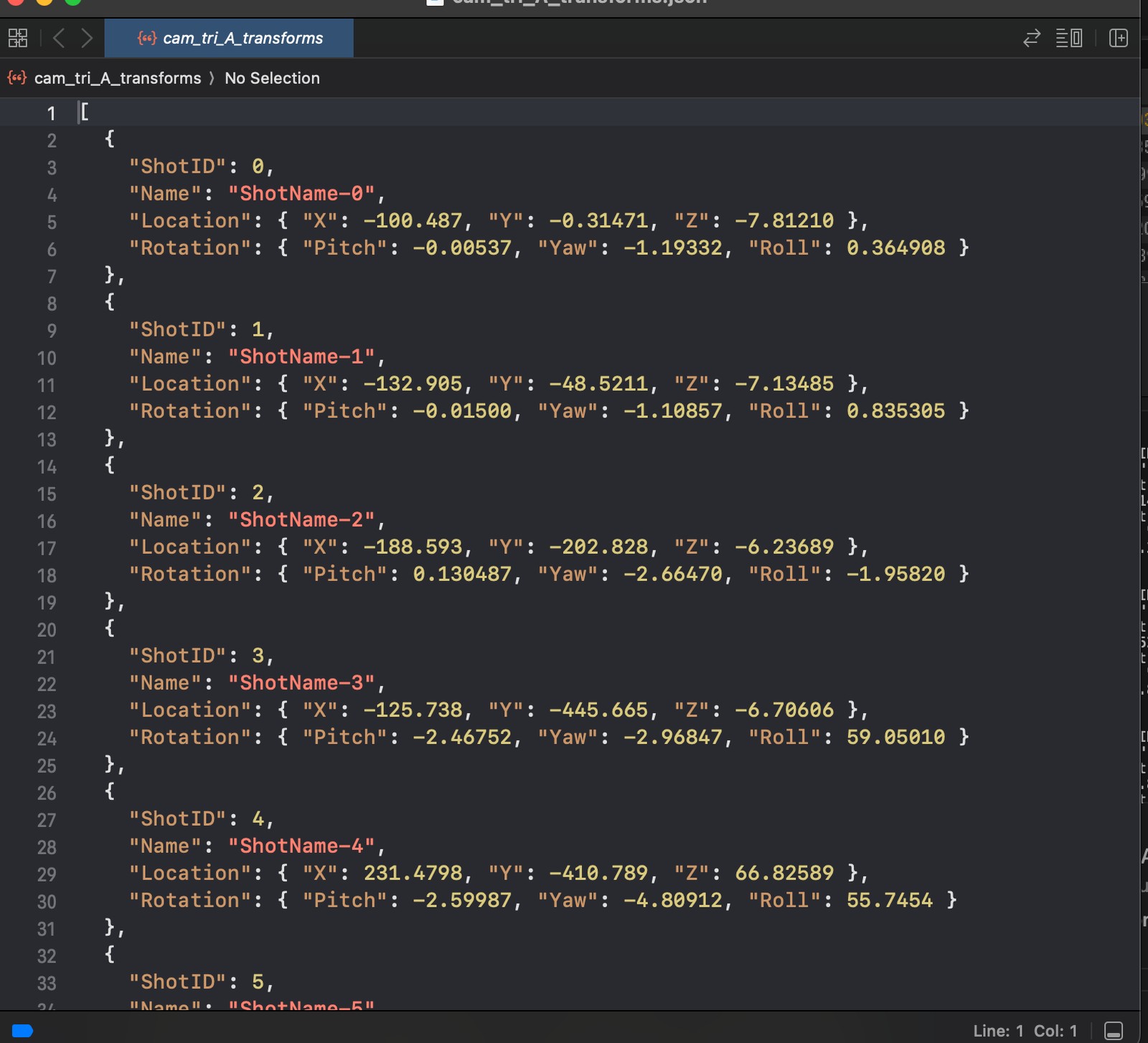 Camera shot transform data stored as JSON