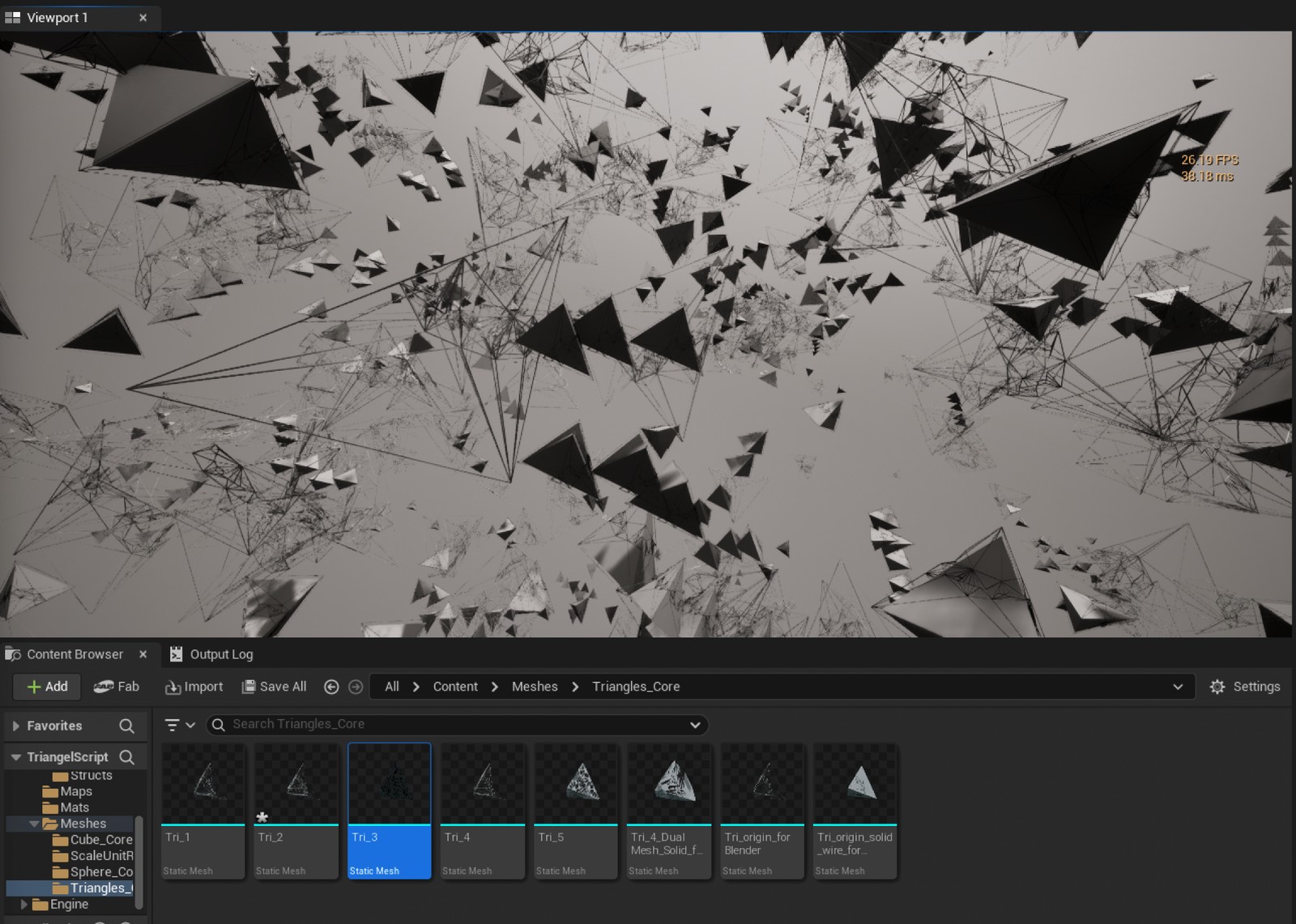 Unreal Engine 5 editor showing Triangle Structure meshes and a running spatial field