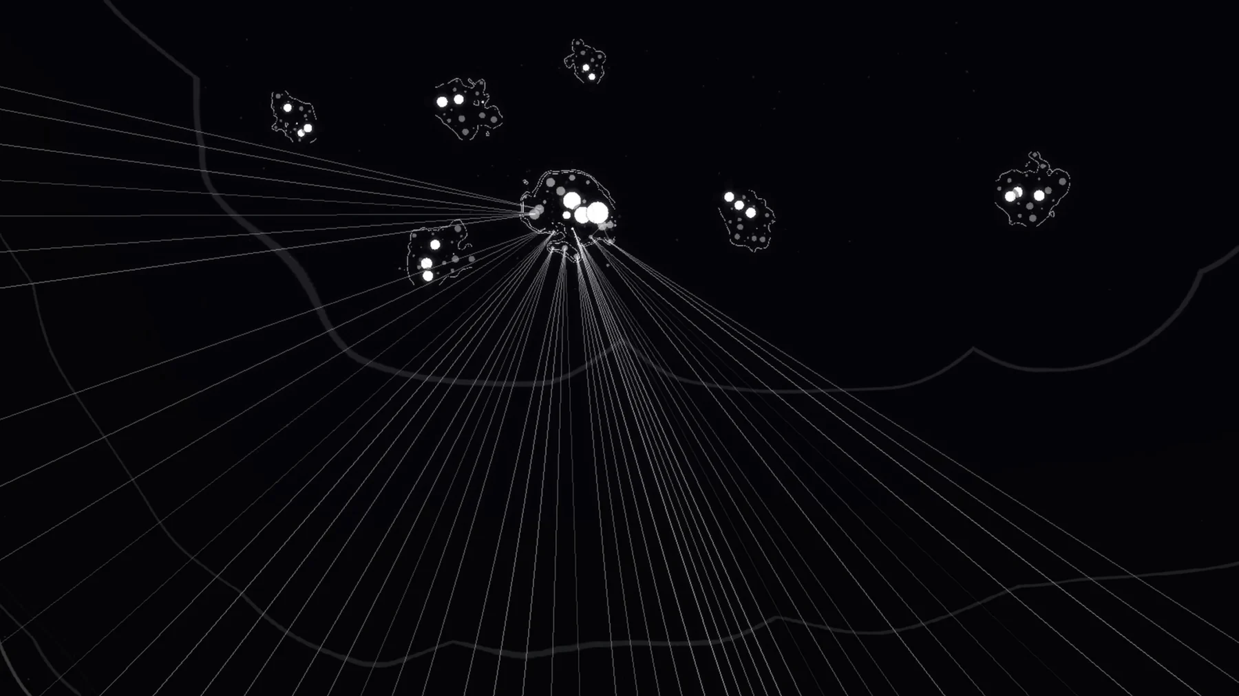 The Reach of Here showing a bright generative node and curving line fields across a dark space